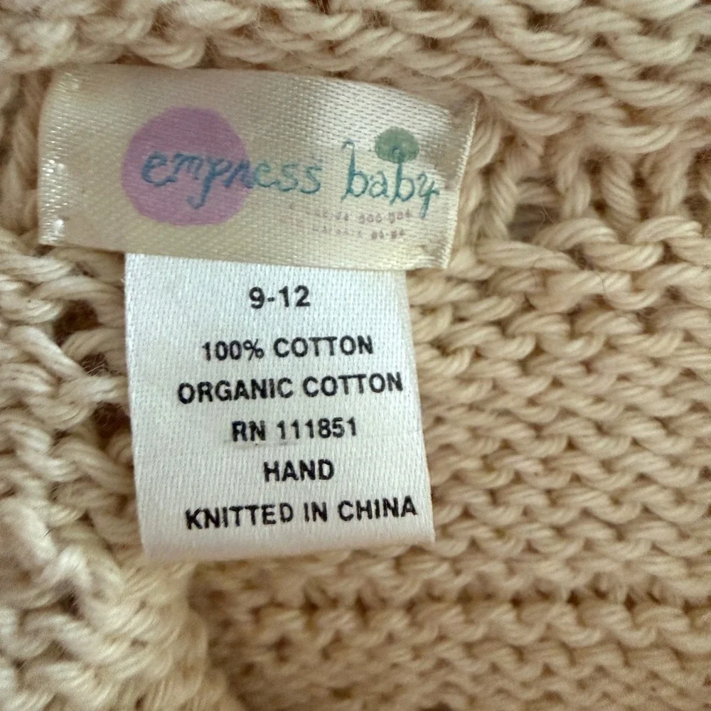 Empress Baby Organic Cotton Hand Knit Poncho Cream Fringe Pointelle 9-12 Months